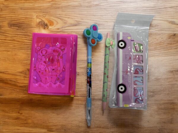 3 FOLD NEON PINK DIARY WITH STICKY NOTES , SPINNER PEN & FLOWER PENCIL COMBO